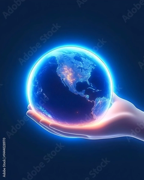 Fototapeta Glowing Earth cradled in a gentle hand against a dark blue backdrop