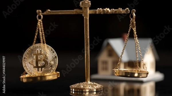Fototapeta A golden balance scale weighs Bitcoin against a house, symbolizing the choice between digital wealth and physical assets. Perfect for financial themes, investments, and crypto vs real estate compariso