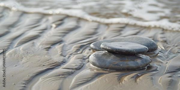 Obraz Black stones on wet sand with gentle ocean waves

