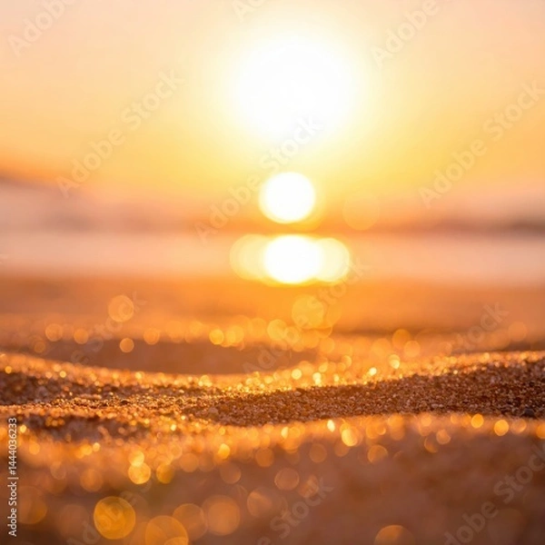 Obraz Golden sunset on a sandy beach. The sun's reflection glistens on the sand, creating a warm and inviting atmosphere.