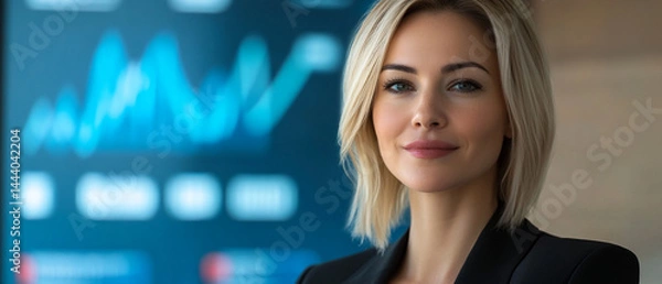 Obraz A confident businesswoman stands in front of a digital graph, symbolizing success and leadership in the corporate world.