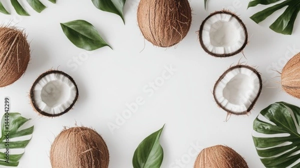 Obraz whole and halved coconuts on a white background