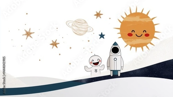 Fototapeta Two friendly characters enjoy a playful moment in a vibrant space landscape filled with shiny stars, a smiling sun, and distant planets, showcasing a sense of adventure and wonder