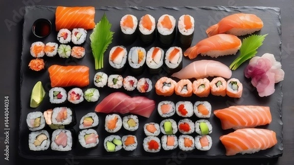 Fototapeta A Symphony of Sushi: An Exquisite Arrangement of Fresh Nigiri, Maki, and Rolls on a Dark Slate Platter