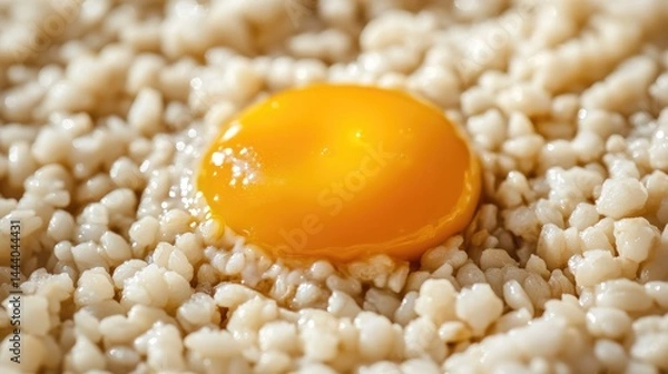 Obraz Traditional-style fried rice with egg yolk glistening on top before stirring, overhead shot