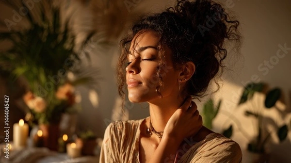 Obraz Peaceful Scene of Woman Massaging Neck and Shoulder in Spa-Like Home Setting with Warm Glow