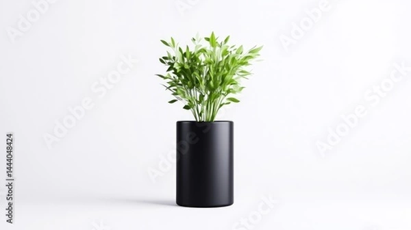 Fototapeta Modern plant in a sleek black cylinder pot against a white background.  Fresh greenery in a simple, minimalist design
