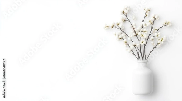 Fototapeta A white ceramic vase with delicate white flowers on a minimalist white background, elegant floral arrangement, and simplicity and purity concept.