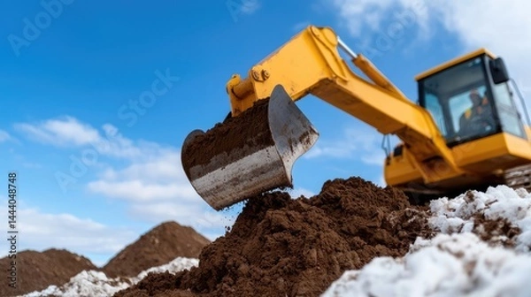 Fototapeta Excavator digging earth on construction site