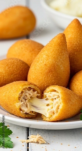 Fototapeta Crispy teardrop-shaped coxinhas filled with shredded chicken and catupiry cheese, golden fried crust, served on a banana leaf.
