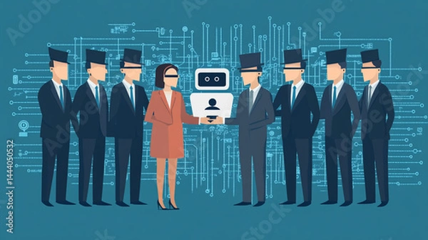 Fototapeta Business People Collaborating with Robot and Connecting Technology in Modern Office Environment
