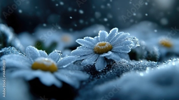 Fototapeta Frosted daisies in snowfall.  Delicate white flowers covered in frost and snow,  a winter scene of beauty.  Soft light illuminates the delicate petals