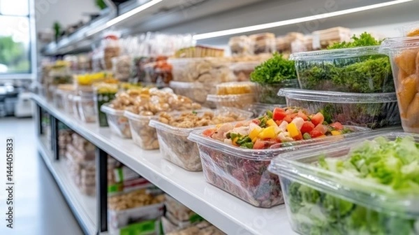 Fototapeta Prepared Foods Various Salads Clean Modern Style High-Resolution Bright Lighting Wide Angle Shelf Display Fresh Ingredients Grocery Store Setting Vibrant Appetising Perfect For Food Marketing
