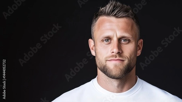 Fototapeta Close-up portrait of a man in a white t-shirt against a black background