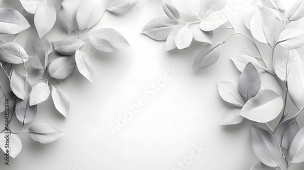 Fototapeta Elegant green leaves arrangement pure white background nature photography soft light minimalist concept