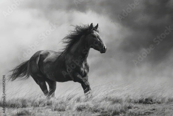 Obraz Dramatic monochrome image of a powerful horse in motion.