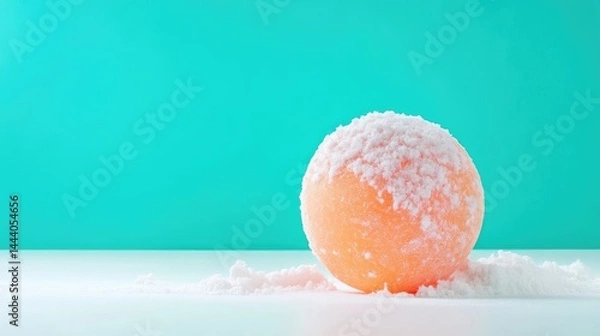 Fototapeta Peach Bath Bomb White Coating Minimalist Style High-resolution Studio Lighting Side View Powdery Texture Winter Spa Theme Teal Background Soft Pastel Hues Perfect for Product Packaging