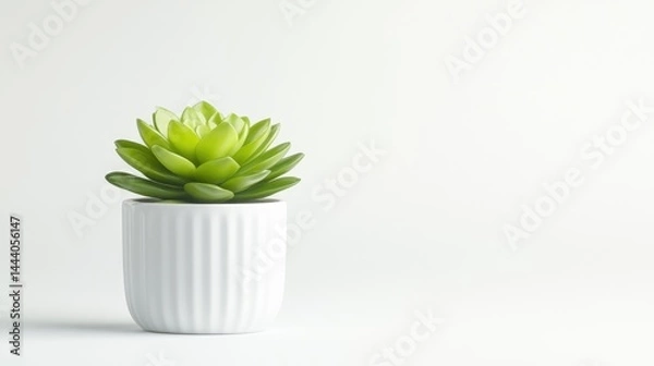 Fototapeta A green succulent plant in a white ribbed pot, minimalist composition on a clean white background, and indoor decoration concept.