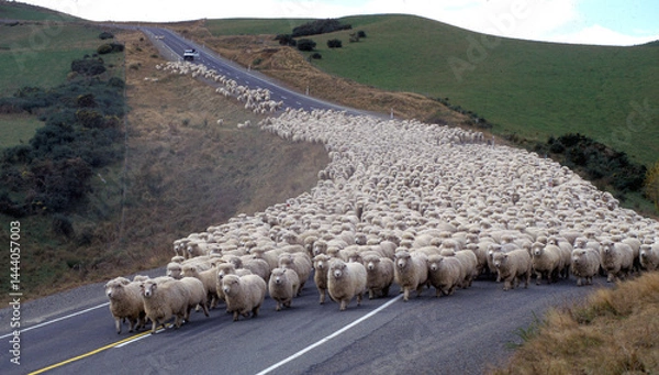 Obraz New Zealand South Island, sheep being mustered along road near Naseby east coast .