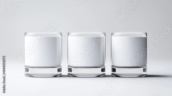 Fototapeta Three Glasses of Milk Clean Minimalist Style High-resolution Studio Lighting Centered Row Shot Simple Product Display Pure White Background Neutral Tone Perfect for Advertising