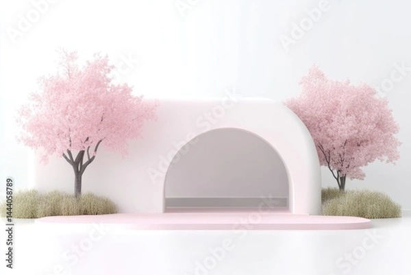 Fototapeta Minimalist, pastel-colored display podium with cherry blossom trees. Soft, light, and inviting design for product presentation
