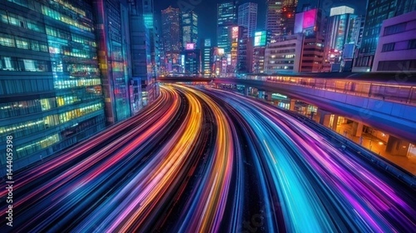 Obraz Trains passing through Tokyo rail tracks surrounded by urban buildings