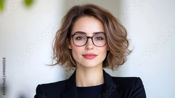 Fototapeta A professional businesswoman with short wavy hair wearing glasses, standing confidently in a modern office setting, natural light, and serious expression.