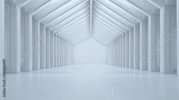 Fototapeta Minimalist interior of a spacious white hall with high ceiling and bright lighting for modern design concepts