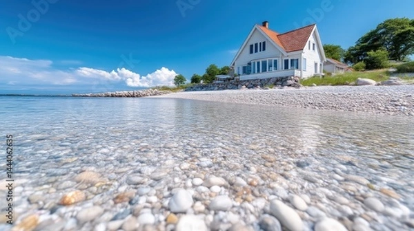 Fototapeta Coastal Cottage on a Sunny Beach.  Crystal-clear shallow water laps gently against a beach of colorful pebbles, leading to a charming white house with a red roof, nestled on a shoreline