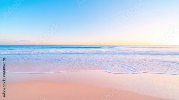 Fototapeta Serene beach sunrise. Soft pastel colors paint a tranquil shoreline with gentle waves lapping at the shore