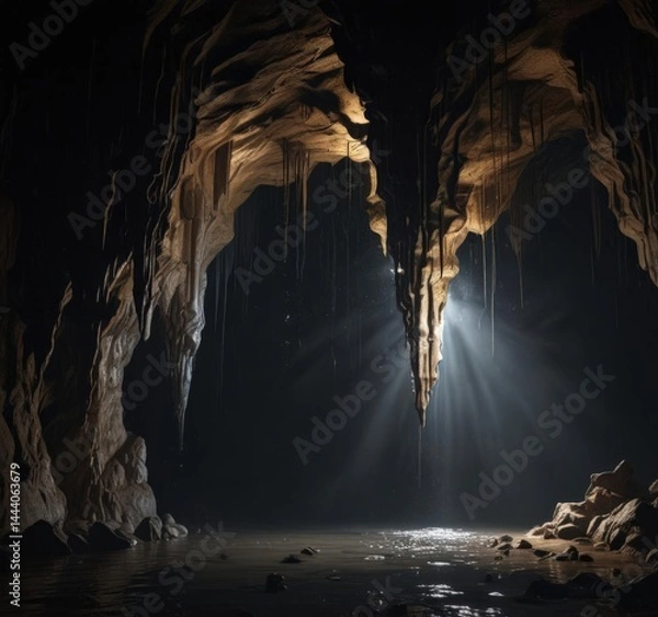 Fototapeta Dripping water, sharp stalactites cast shadows in dark, damp cave,  depth,  subterranean, cave