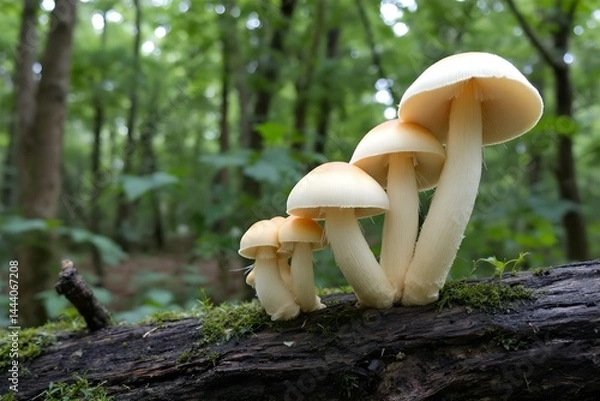 Fototapeta Mushroom Cluster on Log: Creamy White Fungi in Forest, Natural Woodland Scene, Edible Mushrooms, Nature Photography, Forest Floor, Macro Shot
