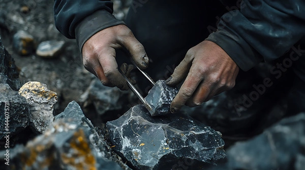 Fototapeta Person Using Tools to Extract Mineral from Rock
