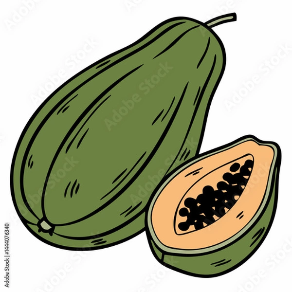 Fototapeta illustration of whole and half of ripe papaya fruit with seeds isolated and slices on white background
