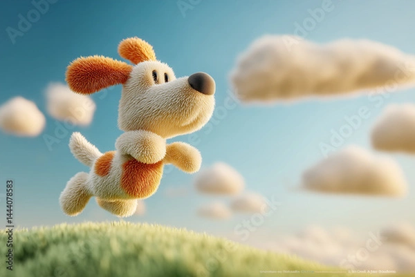 Fototapeta Cute fluffy cartoon dog jumping in a sunny meadow with soft clouds and blue sky background