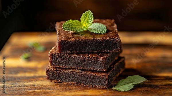 Obraz Delicious chocolate brownies stacked on a wooden board.