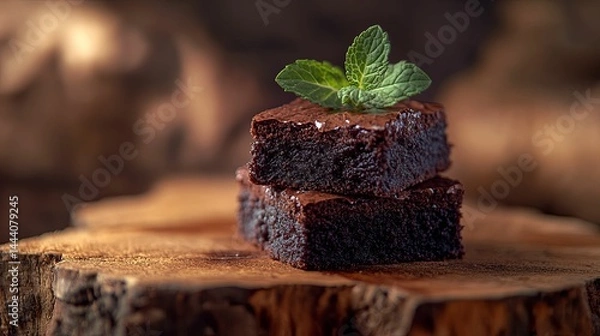 Obraz Two rich chocolate brownies atop a wooden slice.