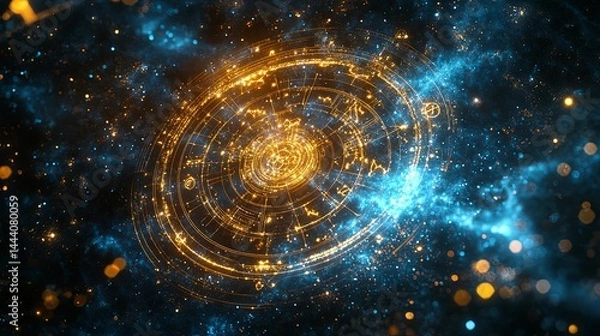 Obraz Cosmic swirling design with golden and azure patterns.