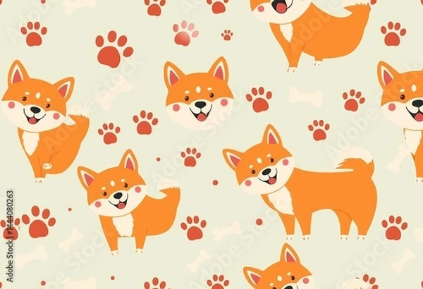 Fototapeta Happy Shiba Inu seamless pattern with paw prints and bones Scandinavian style cartoon dog vector illustration, seamless pattern, cartoon