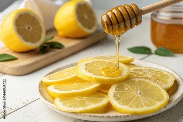 Fototapeta Honey pouring over sliced lemons with warm lighting for culinary enjoyment - generated by ai