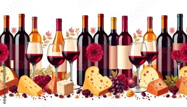 Fototapeta Elegant seamless pattern featuring wine bottles, glasses, chocolate, and cheese; ample empty space, space, background