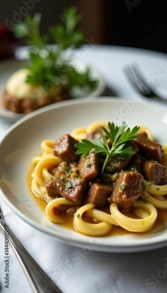 Fototapeta Elegant table setting with Russian beef stroganoff, herbs, and silver cutlery, herbs, food, silver cutlery