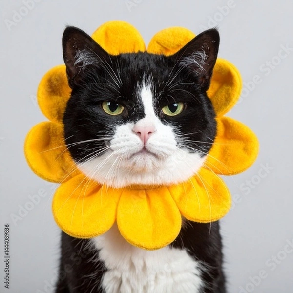 Fototapeta An annoyed tuxedo cat wearing a yellow flower costume