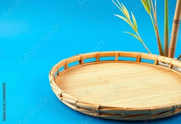 Fototapeta Empty bamboo rotating tray on blue background, japanese, serving