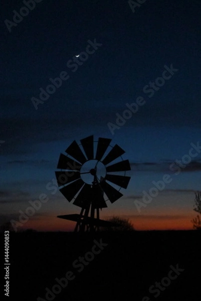 Fototapeta Moon and Sunset Over Windmill Tower