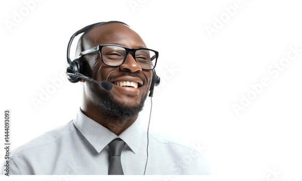 Obraz Smiling customer service representative with headset and glasses support job isolated on transparent background