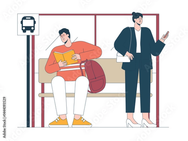 Obraz People on bus station. Commuter illustration. Flat vector illustration concept.