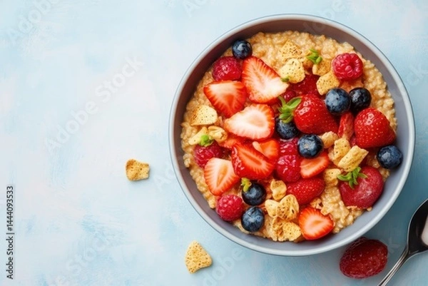 Fototapeta Colorful bowl of oatmeal topped with fresh berries and cereal on a light blue background