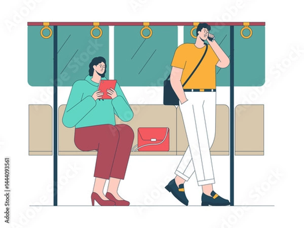 Obraz People in train. Commuter illustration. Flat vector illustration concept.