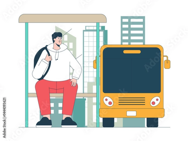 Obraz People siting at bus stop. Commuter illustration. Flat vector illustration concept.